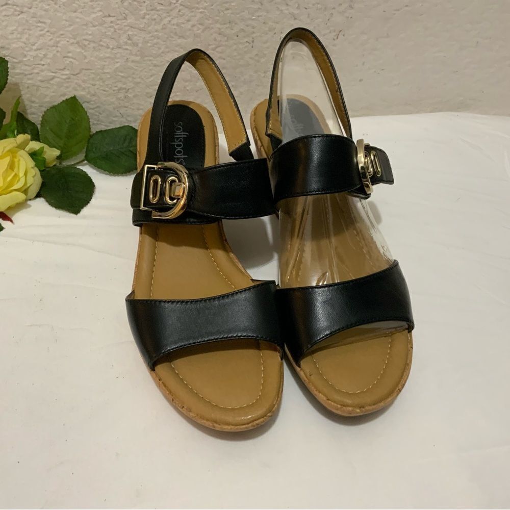 New Softspots Black Leather Cork Wedge Sandals 9.5 M